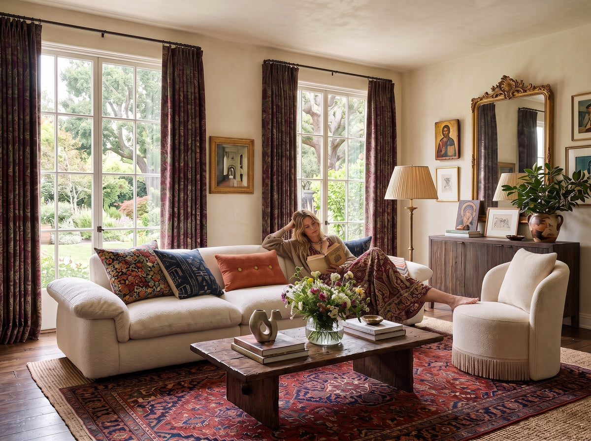 Modern bohemian living room with textured fabrics, natural materials and curved furniture