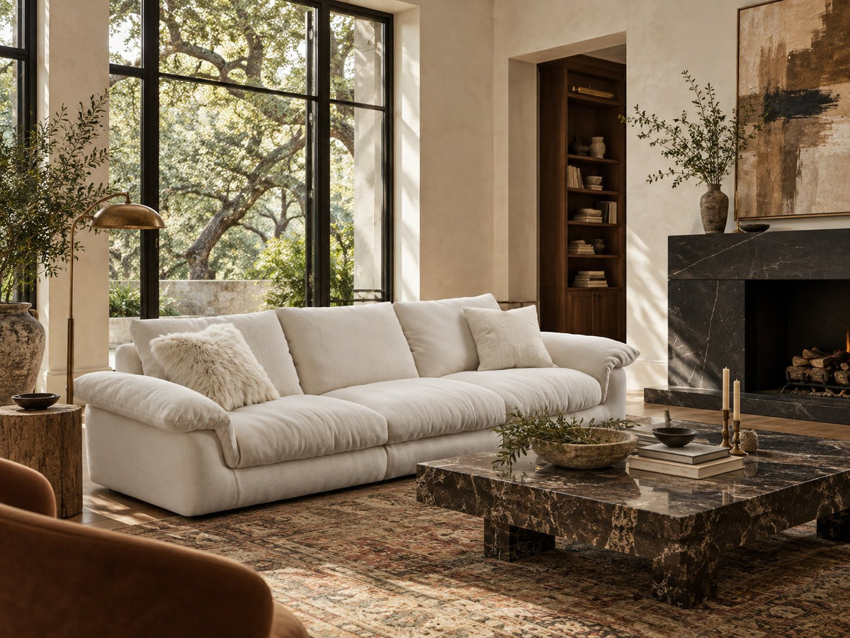 Organic modern living room with a Cloud sofa, warm wood tones, and natural textures.