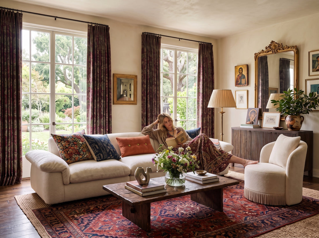 Modern bohemian living room with textured fabrics, natural materials and curved furniture