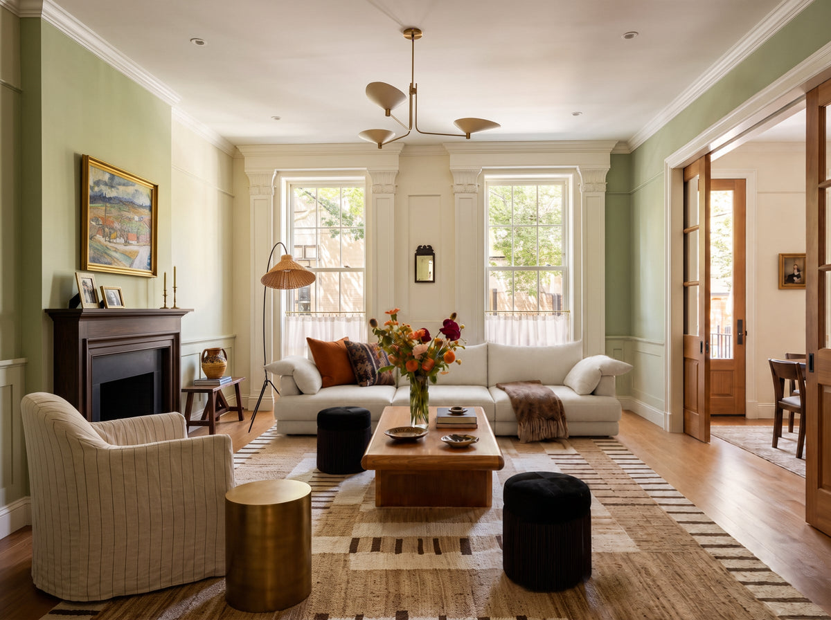 MIRELANO light neutral sofa in a fresh traditional mixed living room with green walls and wooden coffee table
