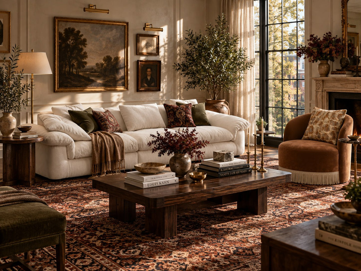 Layered modern living room with natural wood furniture and soft lighting