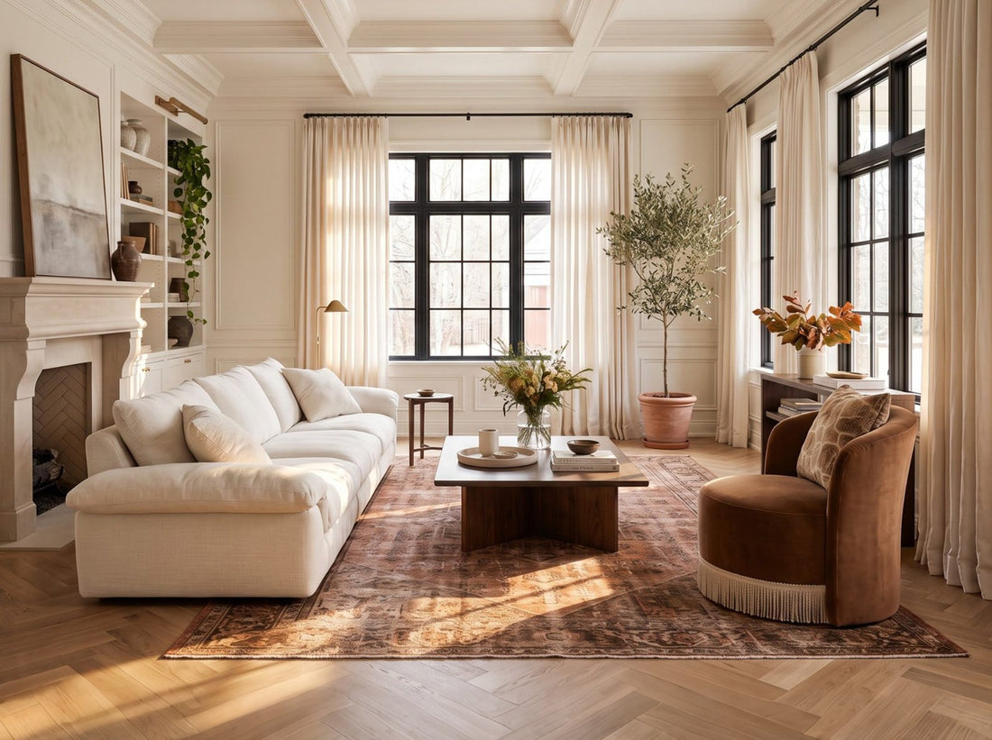 Modern traditional living room with ivory cloud sofa, coffee table, and warm natural lighting