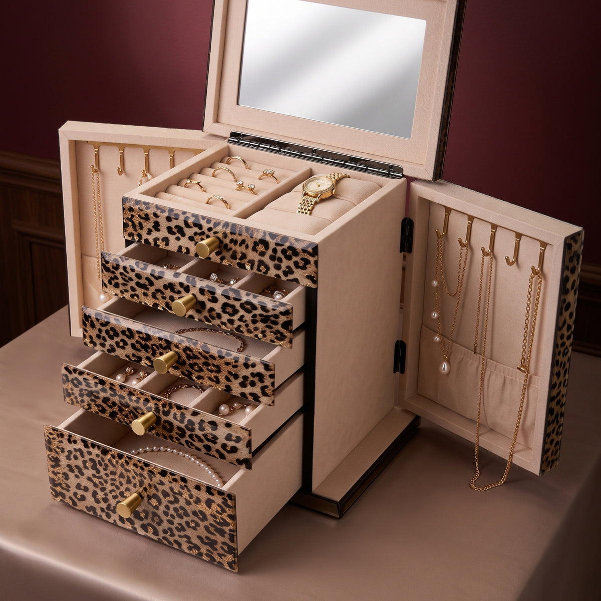 Large Leopard Print Jewelry Armoire with Mirror & 5 Drawers | Necklace Hooks & Side Doors