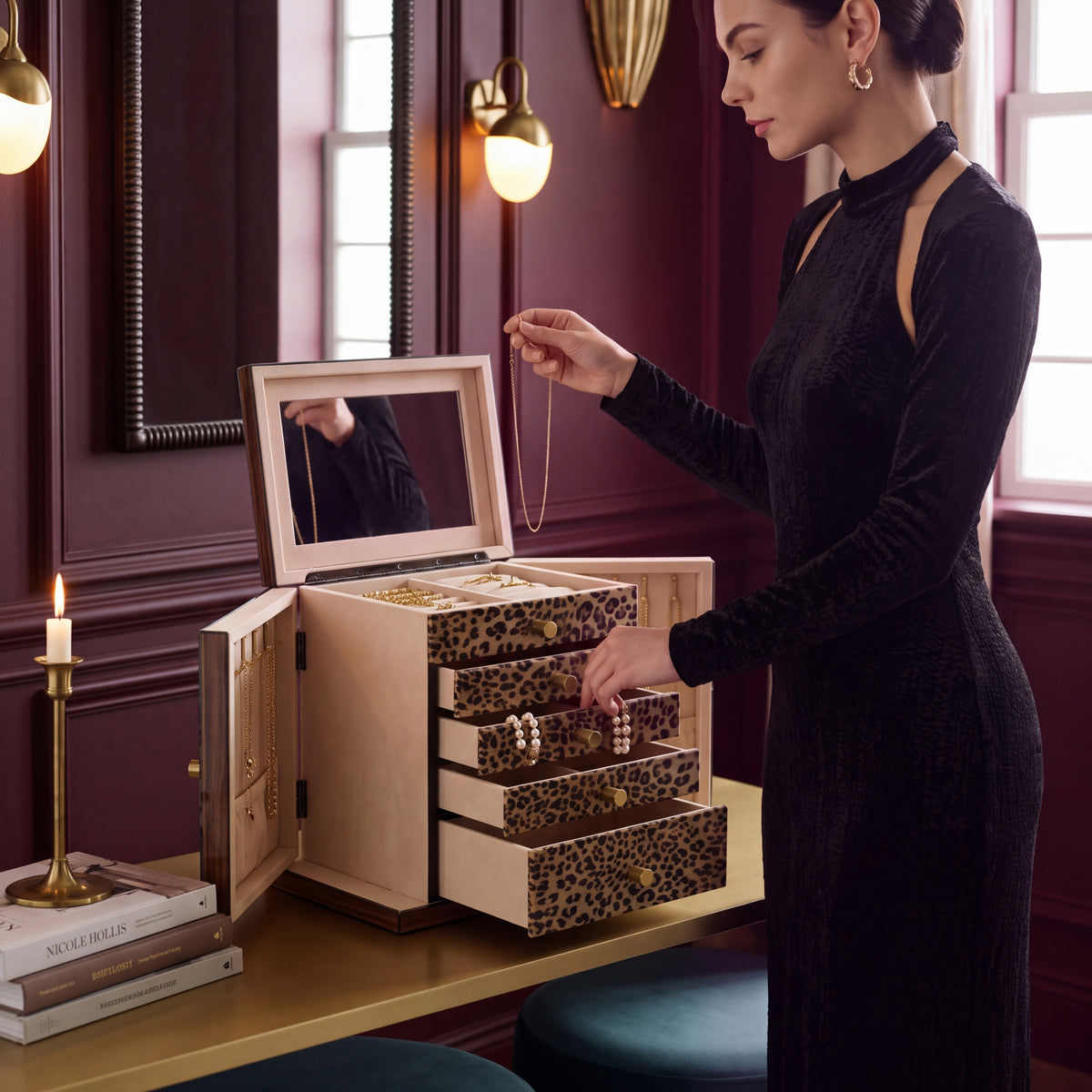 Large Leopard Print Jewelry Armoire with Mirror & 5 Drawers | Necklace Hooks & Side Doors
