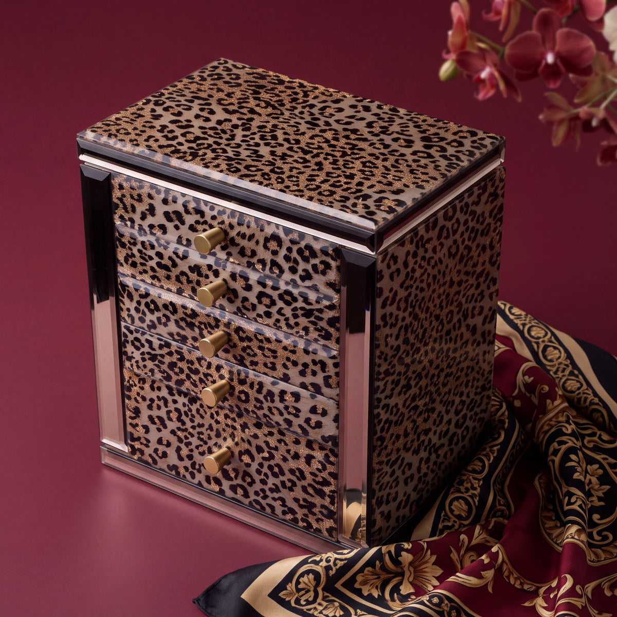 Large Leopard Print Jewelry Armoire with Mirror & 5 Drawers | Necklace Hooks & Side Doors
