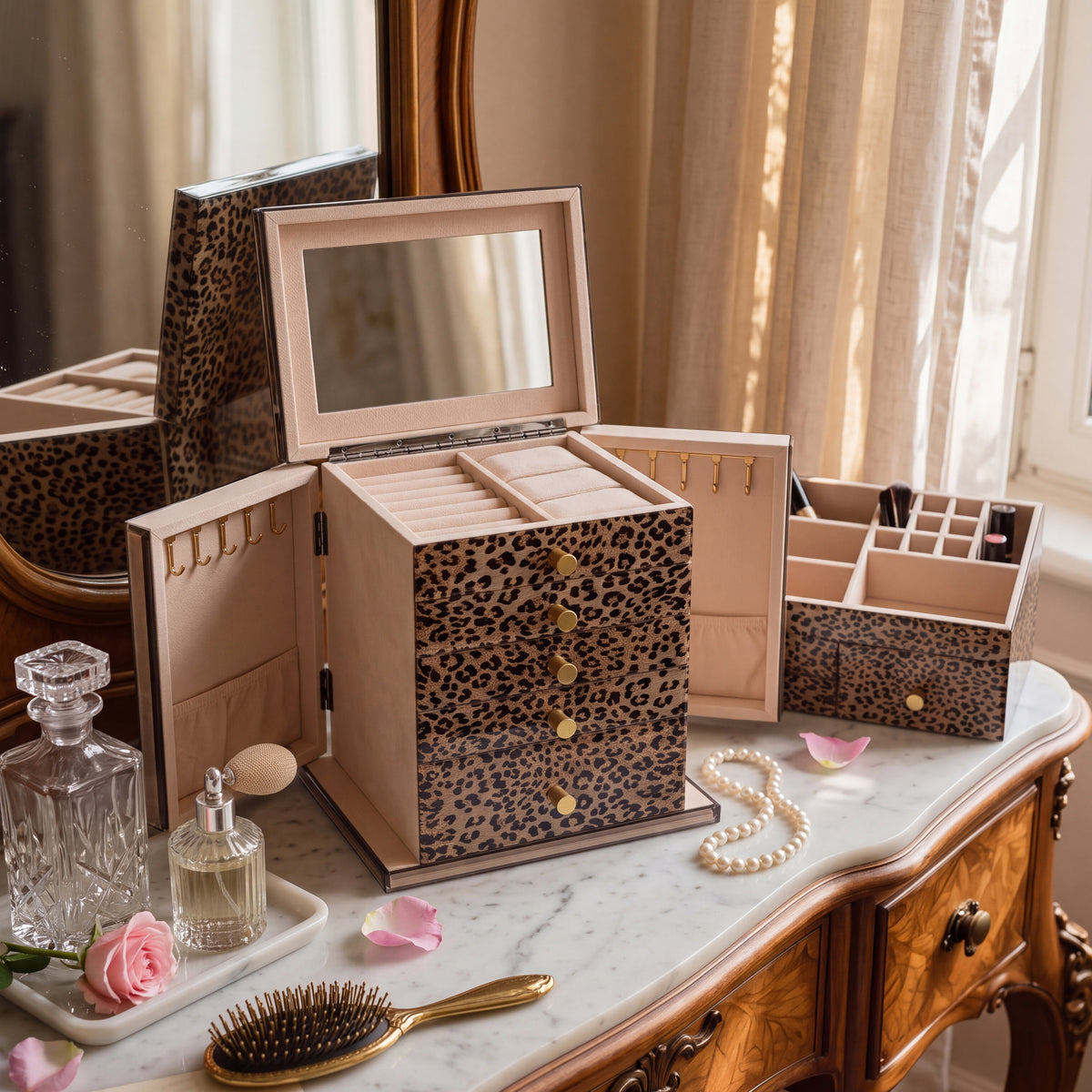 Large Leopard Print Jewelry Armoire with Mirror & 5 Drawers | Necklace Hooks & Side Doors