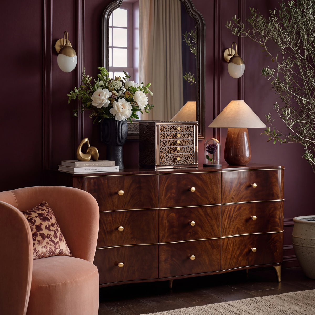 Large Leopard Print Jewelry Armoire with Mirror & 5 Drawers | Necklace Hooks & Side Doors