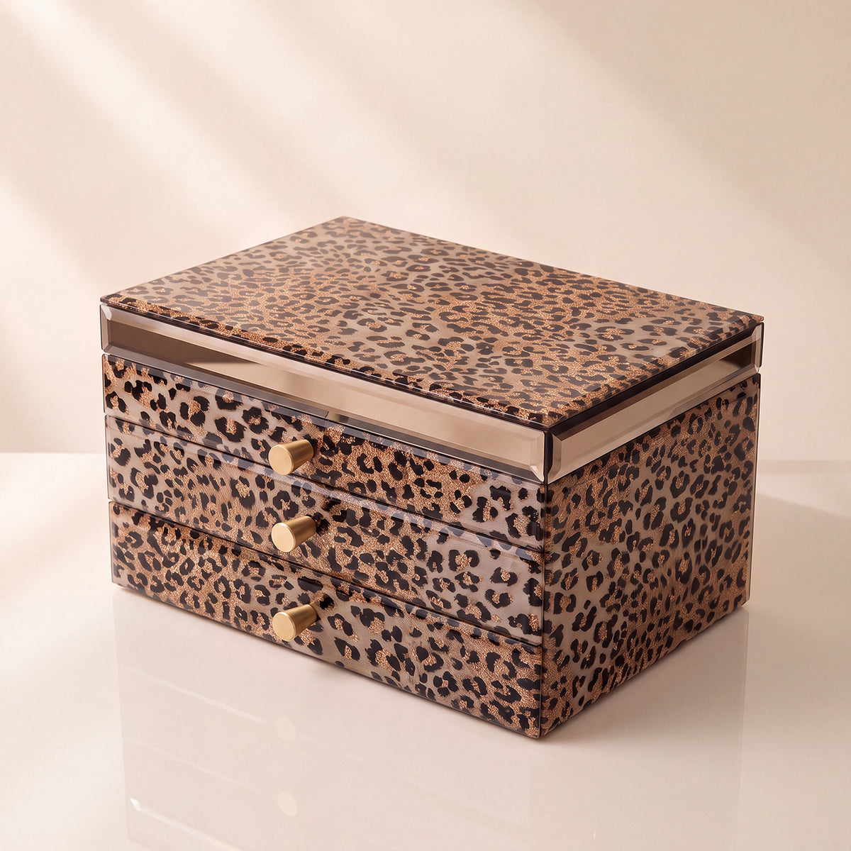 Leopard Print Jewelry Box with Mirror & 3 Drawers | Portable Travel Organizer