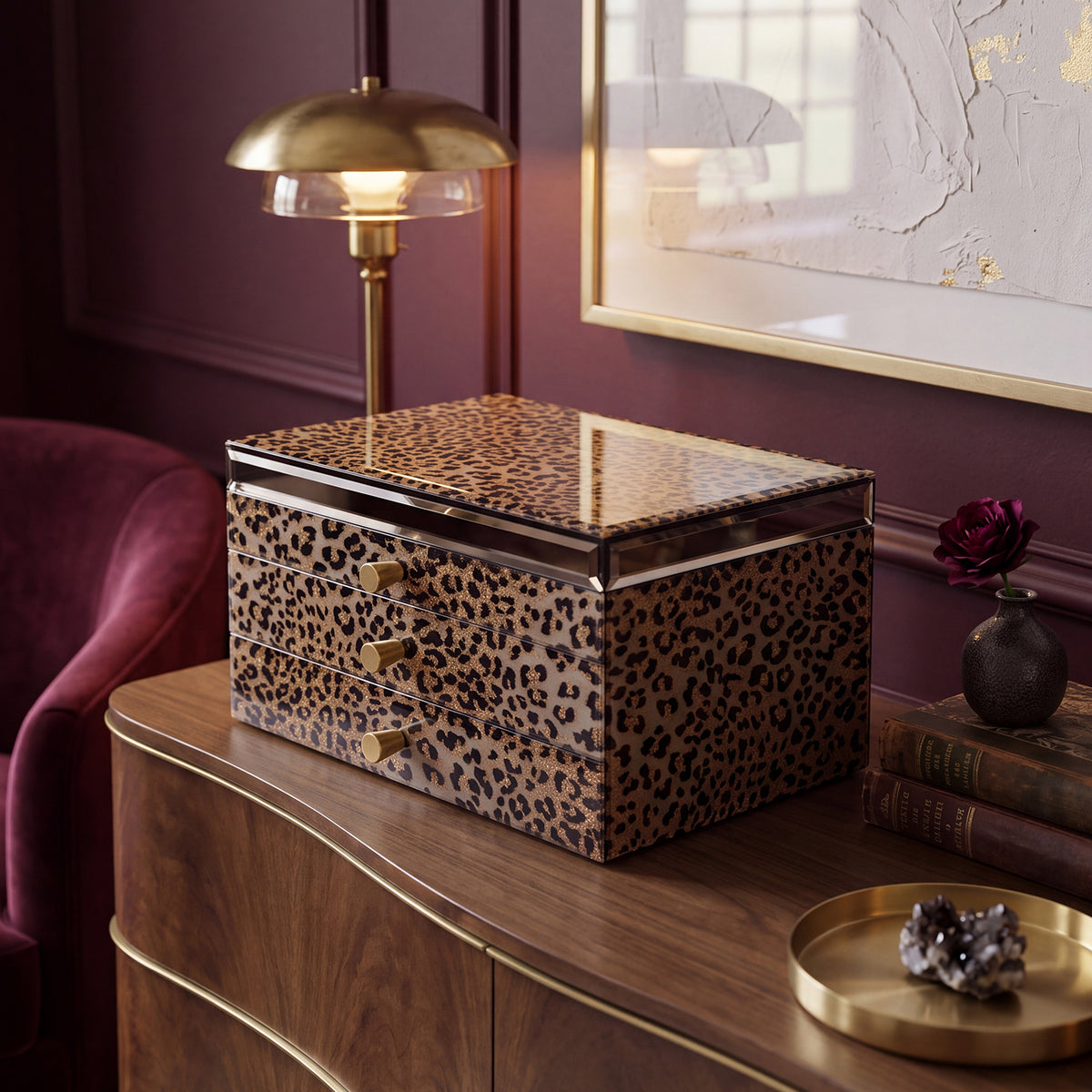 Leopard Print Jewelry Box with Mirror & 3 Drawers | Portable Travel Organizer