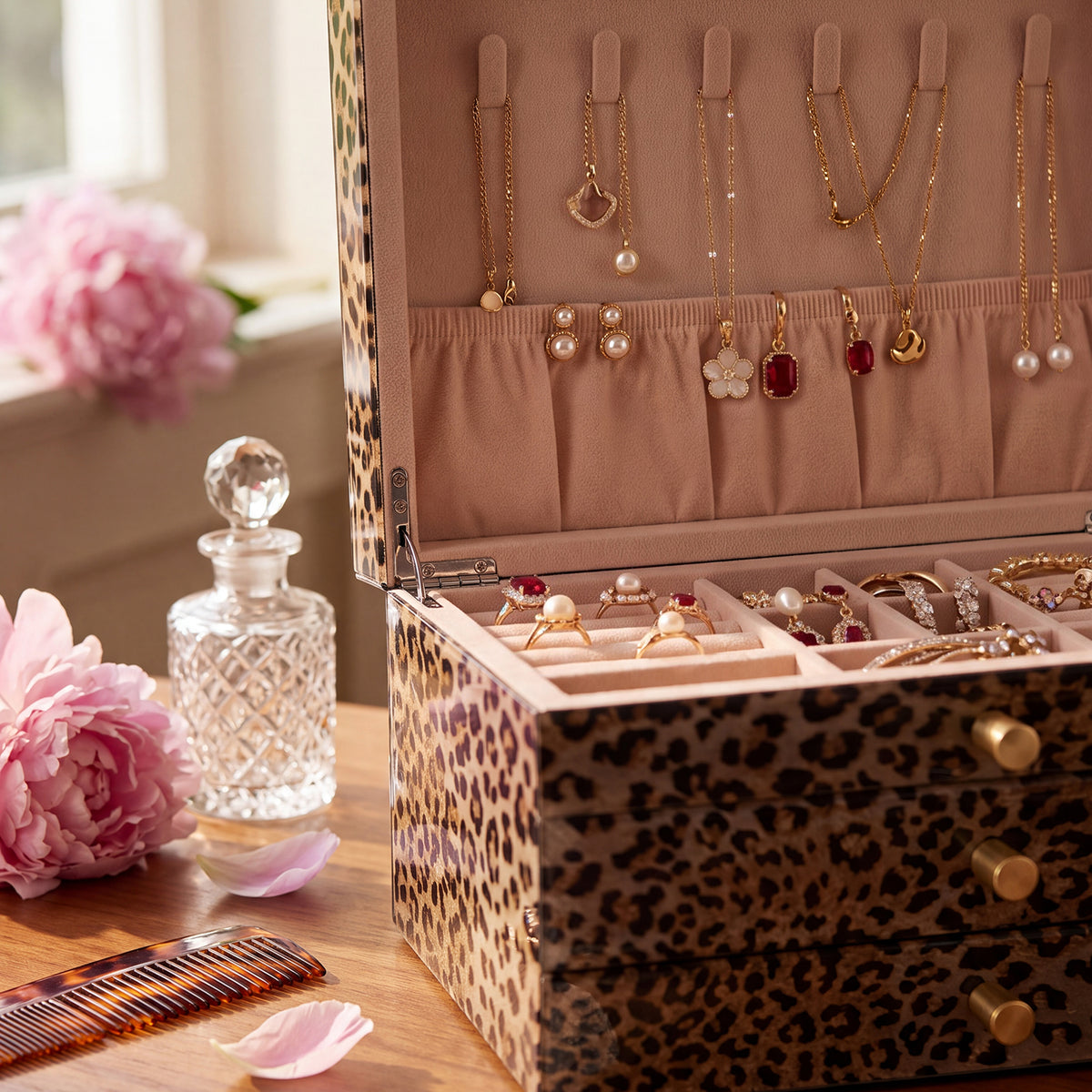 Leopard Print Jewelry Box with Mirror & 3 Drawers | Portable Travel Organizer