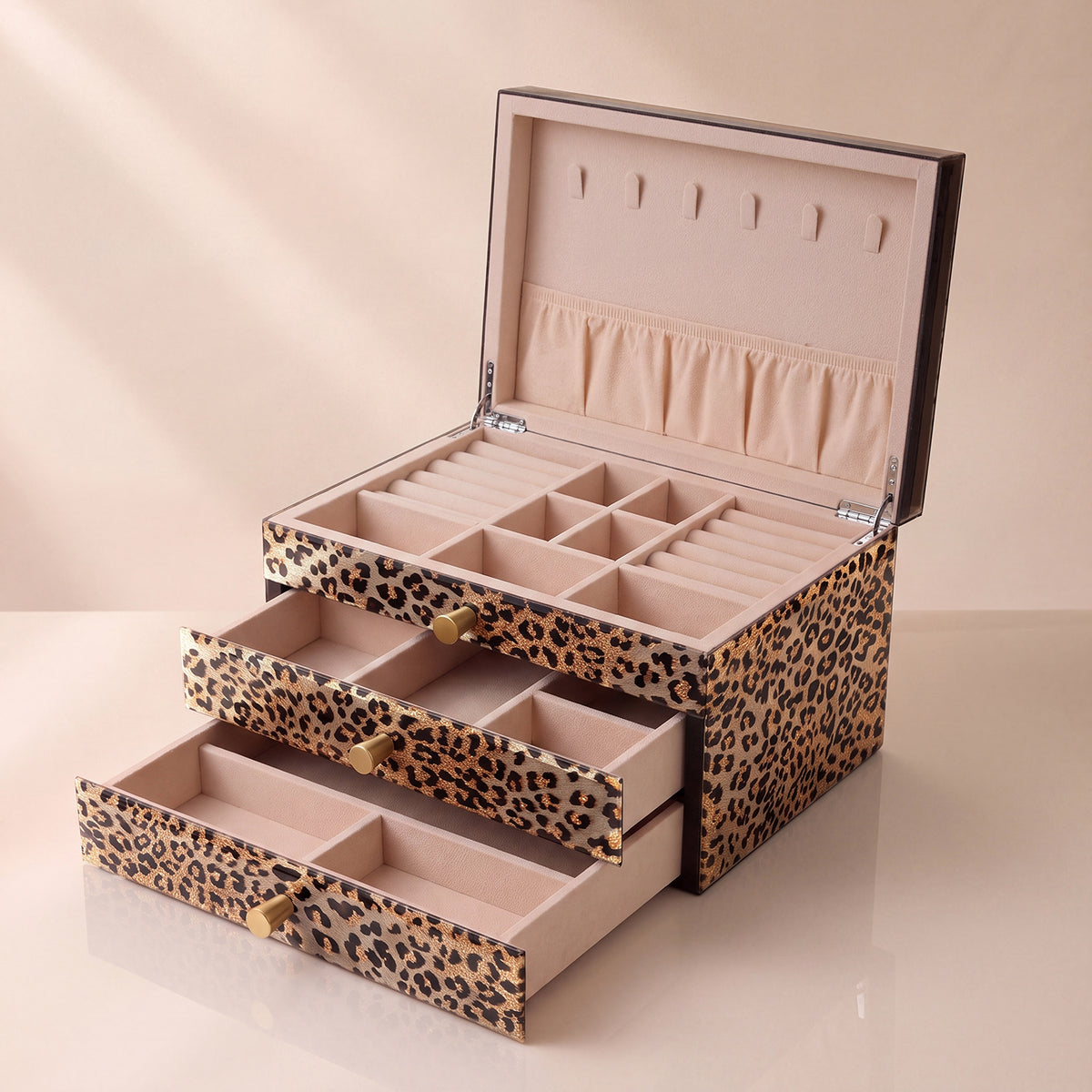 Leopard Print Jewelry Box with Mirror & 3 Drawers | Portable Travel Organizer
