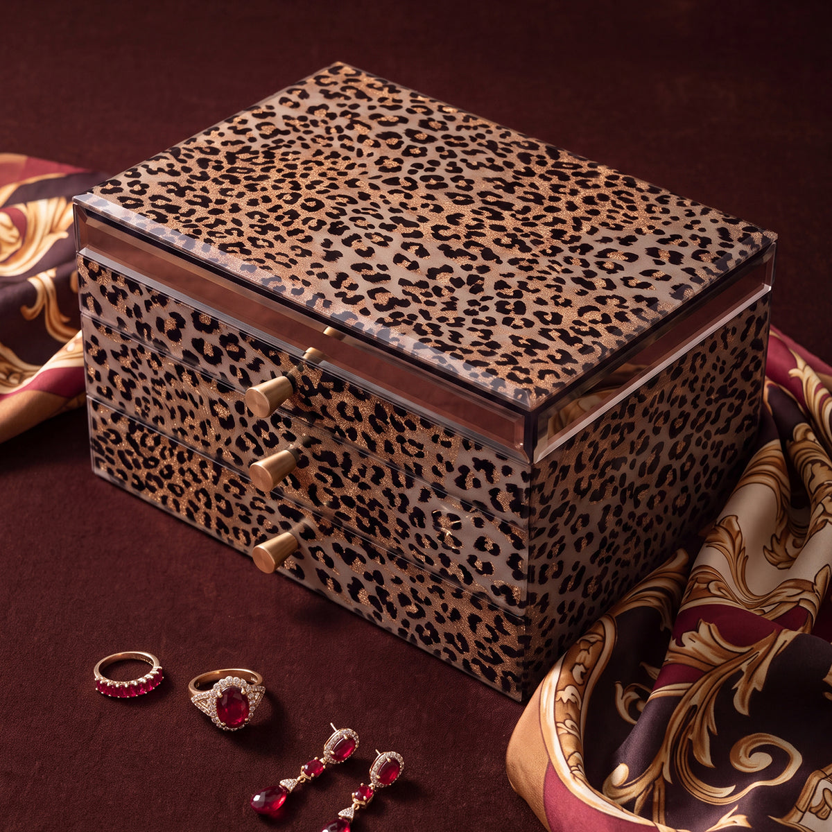 Leopard Print Jewelry Box with Mirror & 3 Drawers | Portable Travel Organizer