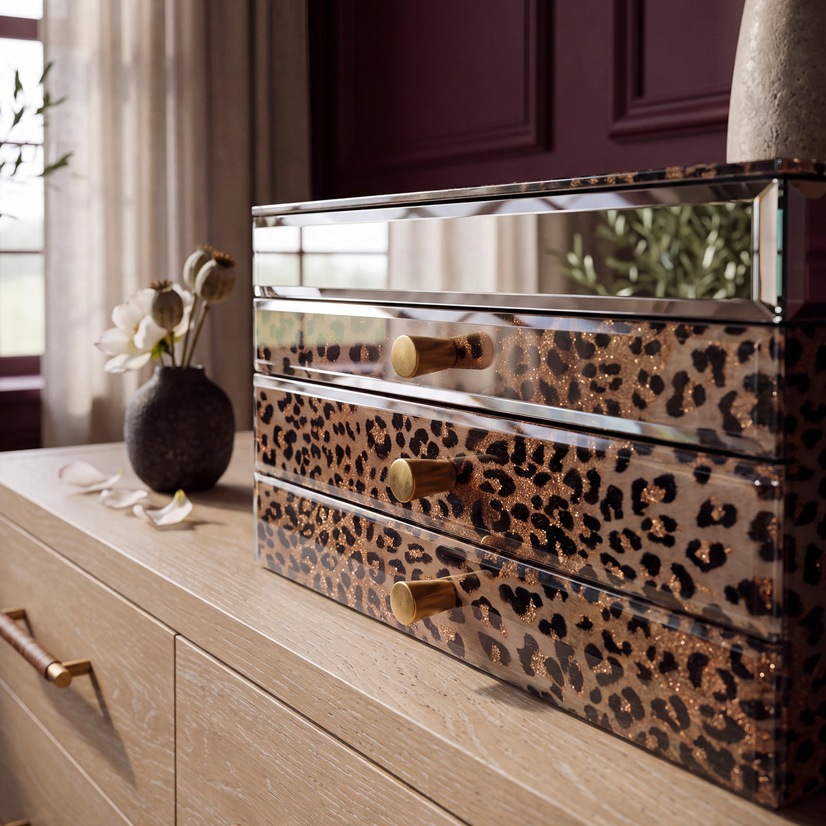 Leopard Print Jewelry Box with Mirror & 3 Drawers | Portable Travel Organizer