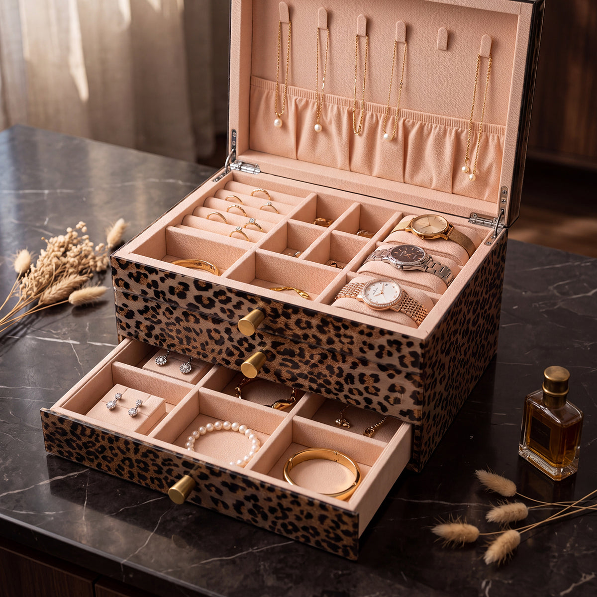 Leopard Print Jewelry Box with Mirror & 3 Drawers | Portable Travel Organizer