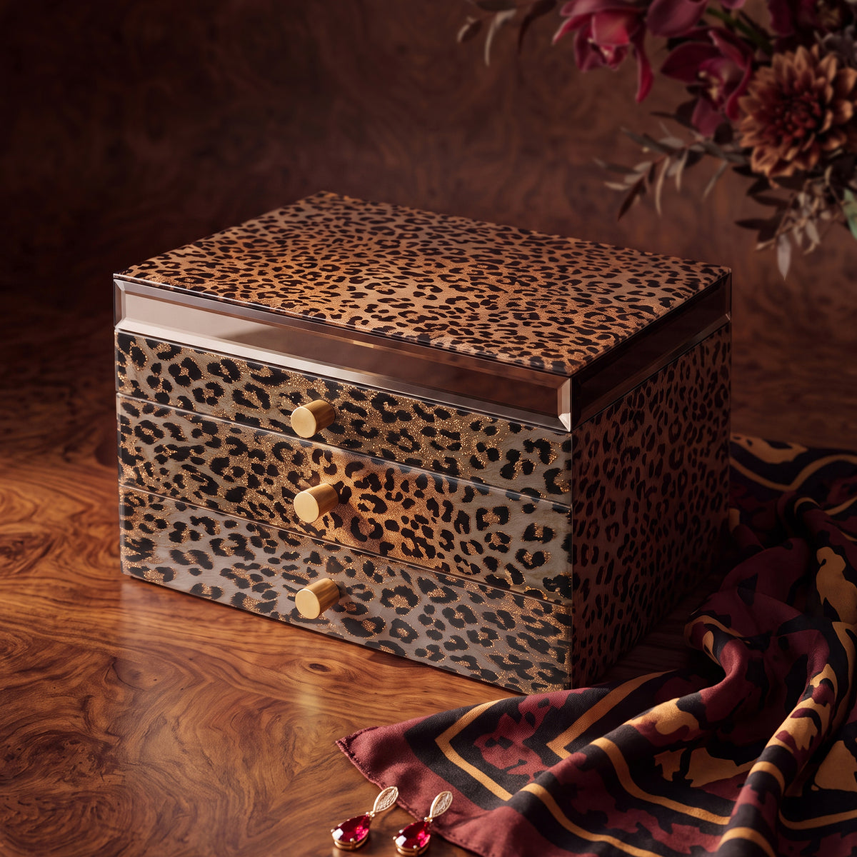 Leopard Print Jewelry Box with Mirror & 3 Drawers | Portable Travel Organizer