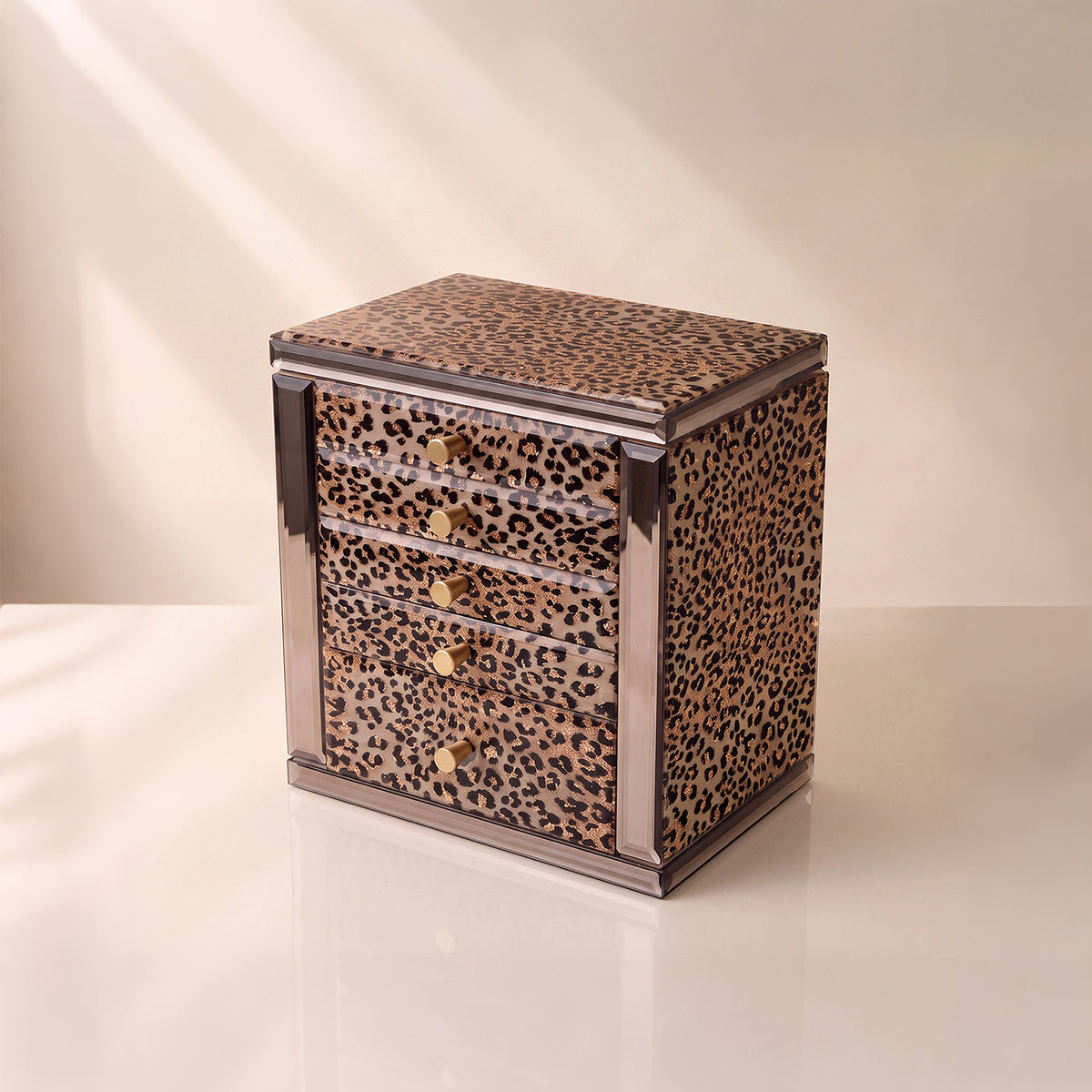 Large Leopard Print Jewelry Armoire with Mirror & 5 Drawers | Necklace Hooks & Side Doors