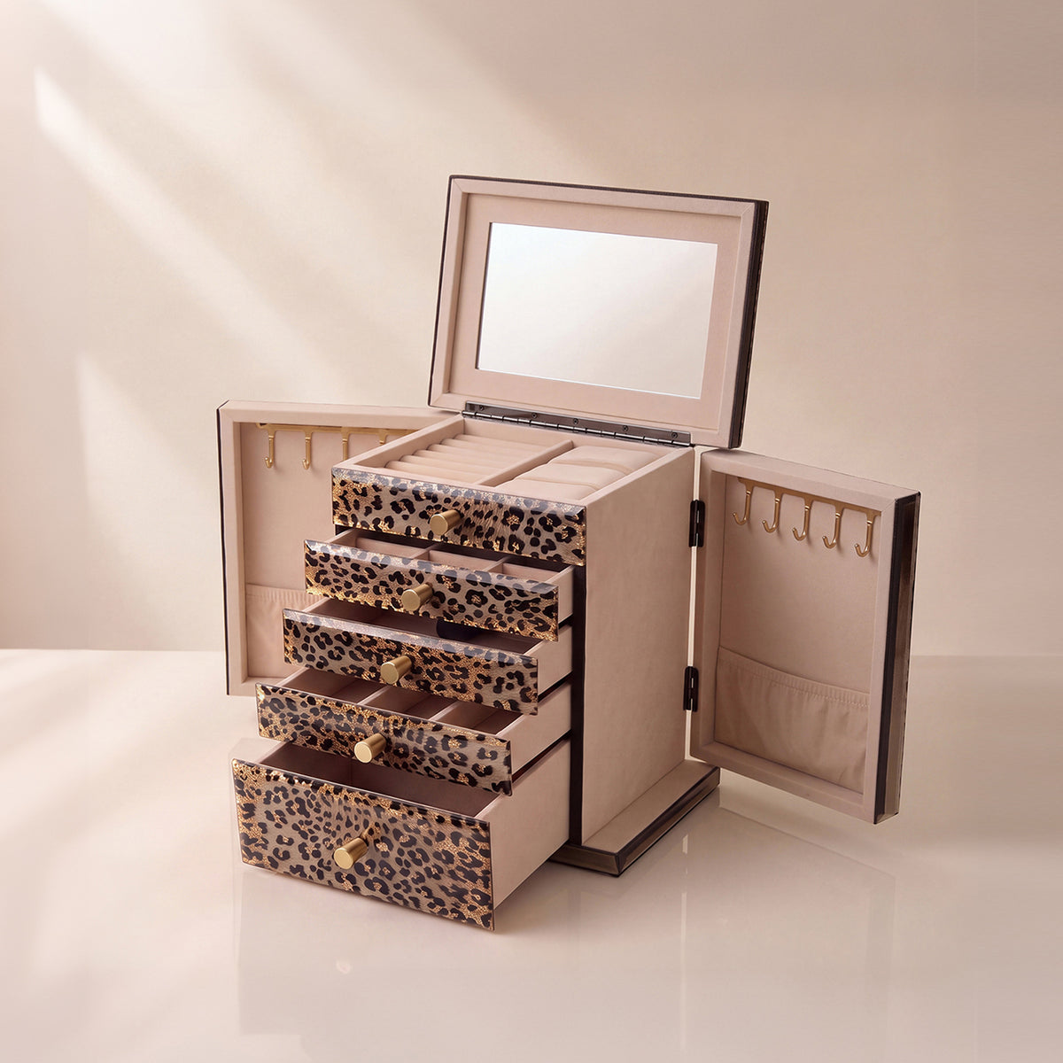 Large Leopard Print Jewelry Armoire with Mirror & 5 Drawers | Necklace Hooks & Side Doors