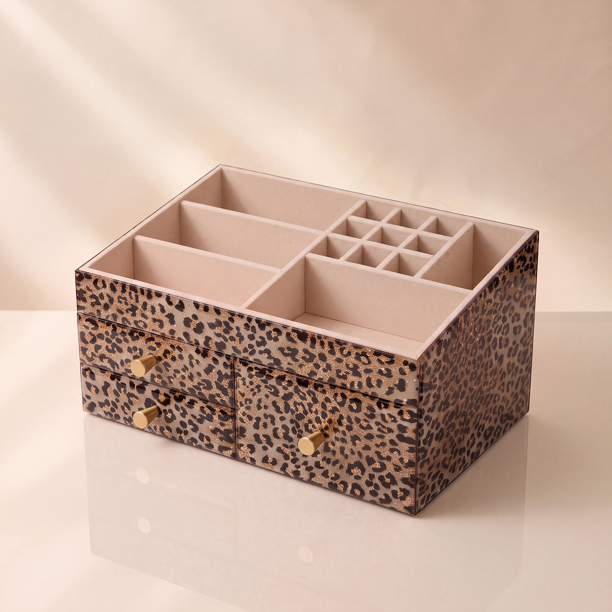 Leopard Print Vanity Makeup Organizer with Open Compartments & Drawers