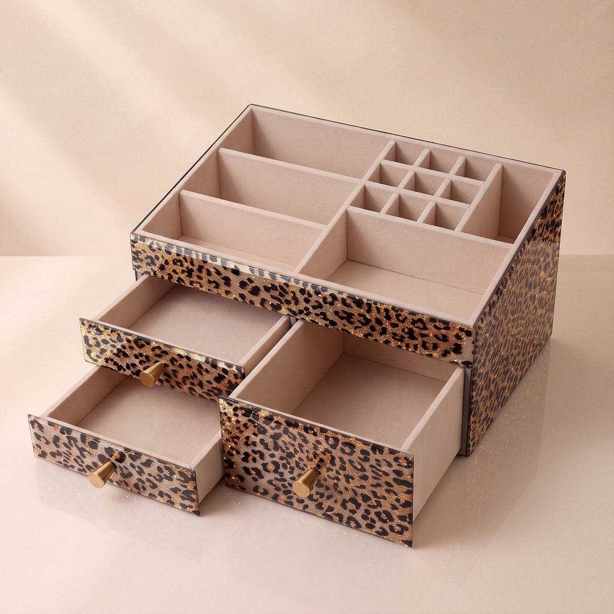 Leopard Print Vanity Makeup Organizer with Open Compartments & Drawers