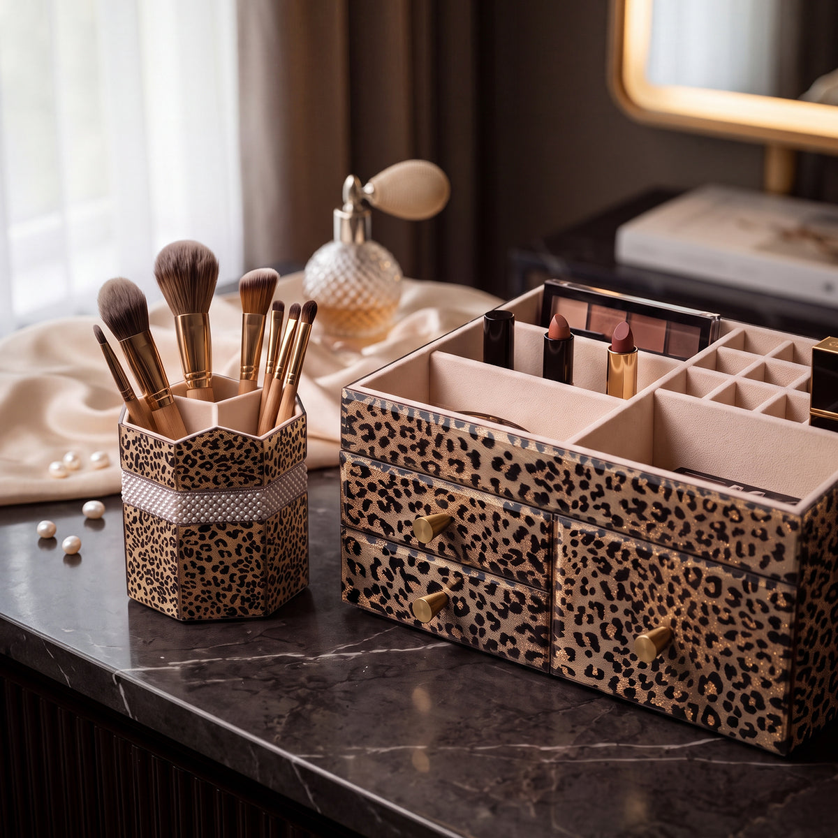 Leopard Print Vanity Makeup Organizer with Open Compartments & Drawers