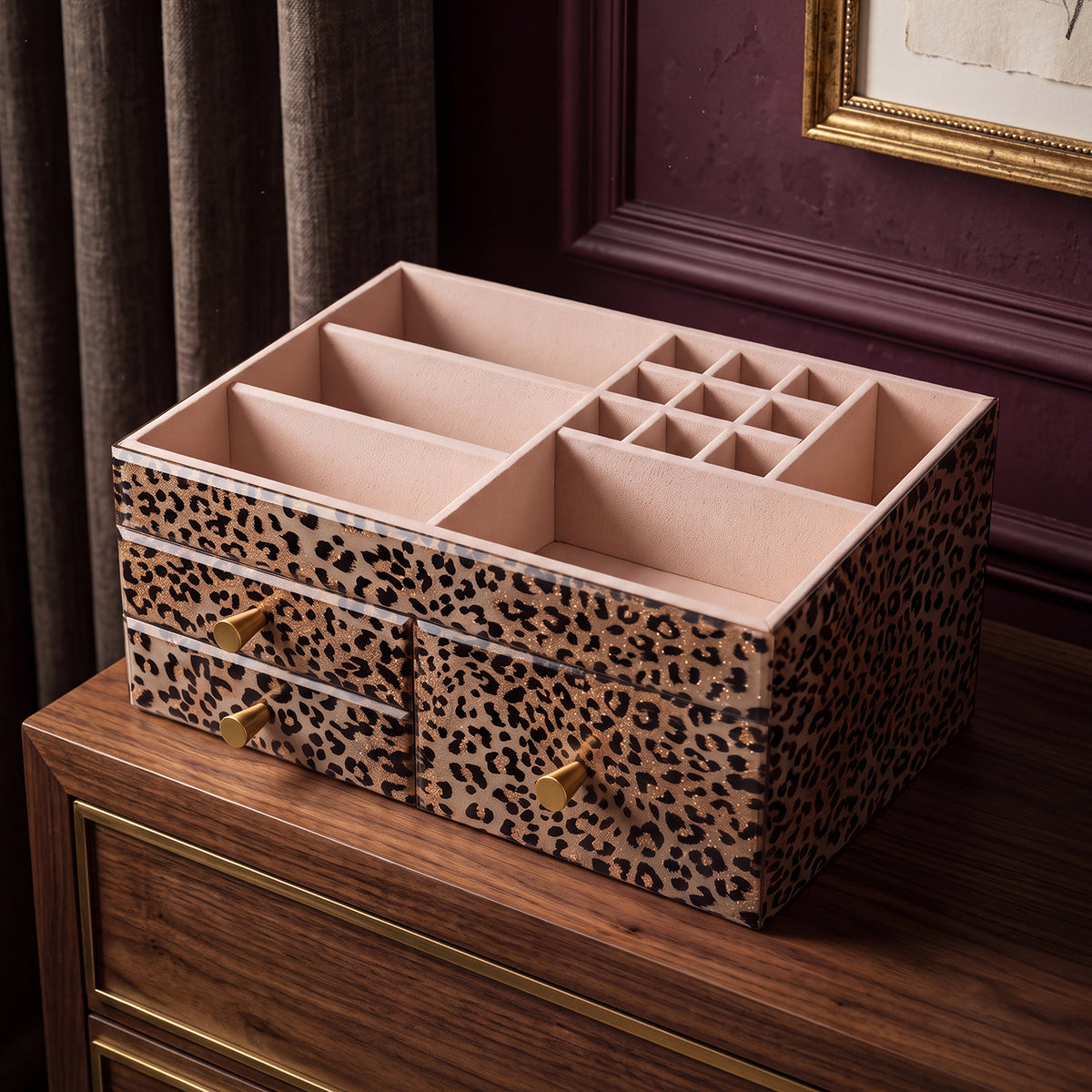 Leopard Print Vanity Makeup Organizer with Open Compartments & Drawers