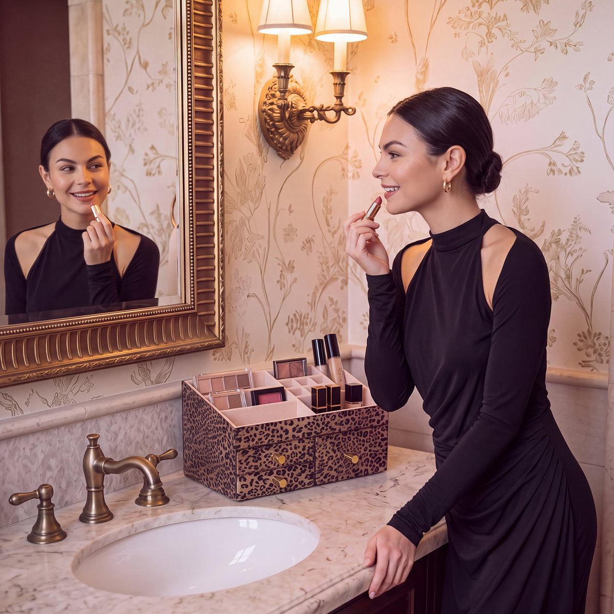 Leopard Print Vanity Makeup Organizer with Open Compartments & Drawers