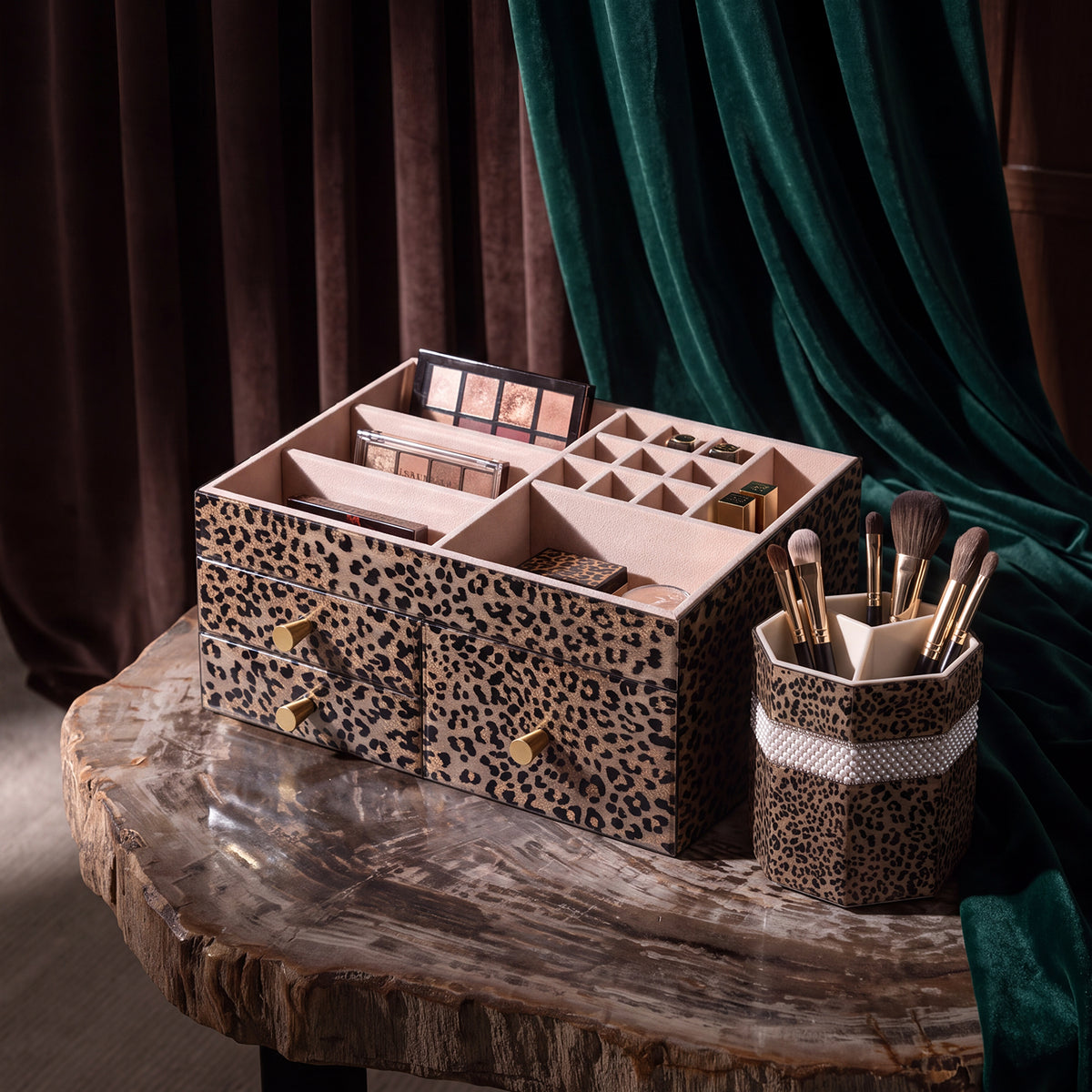 Leopard Print Vanity Makeup Organizer with Open Compartments & Drawers