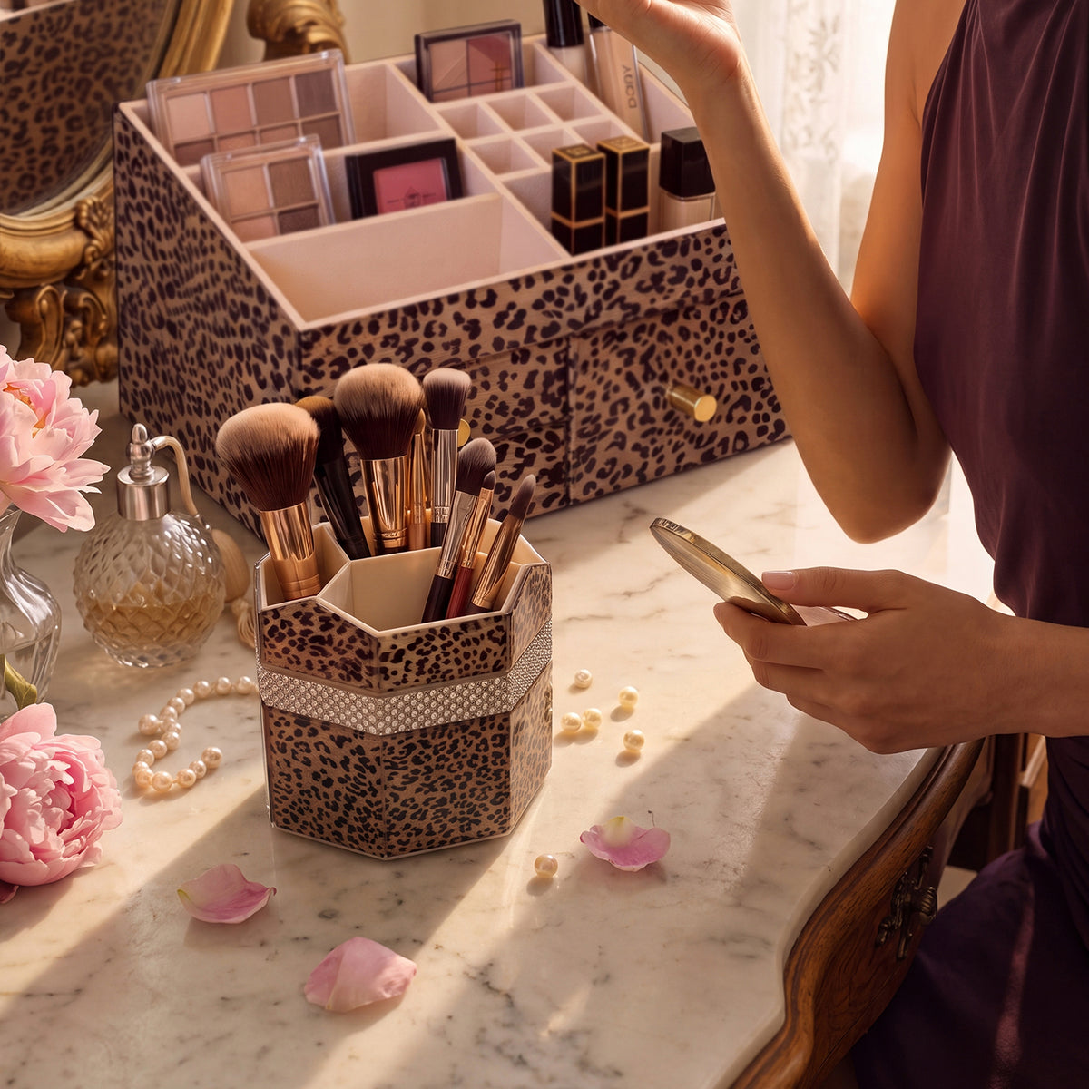 Leopard Print Rotating Makeup Brush Holder | Multi-Compartment Cosmetic Storage