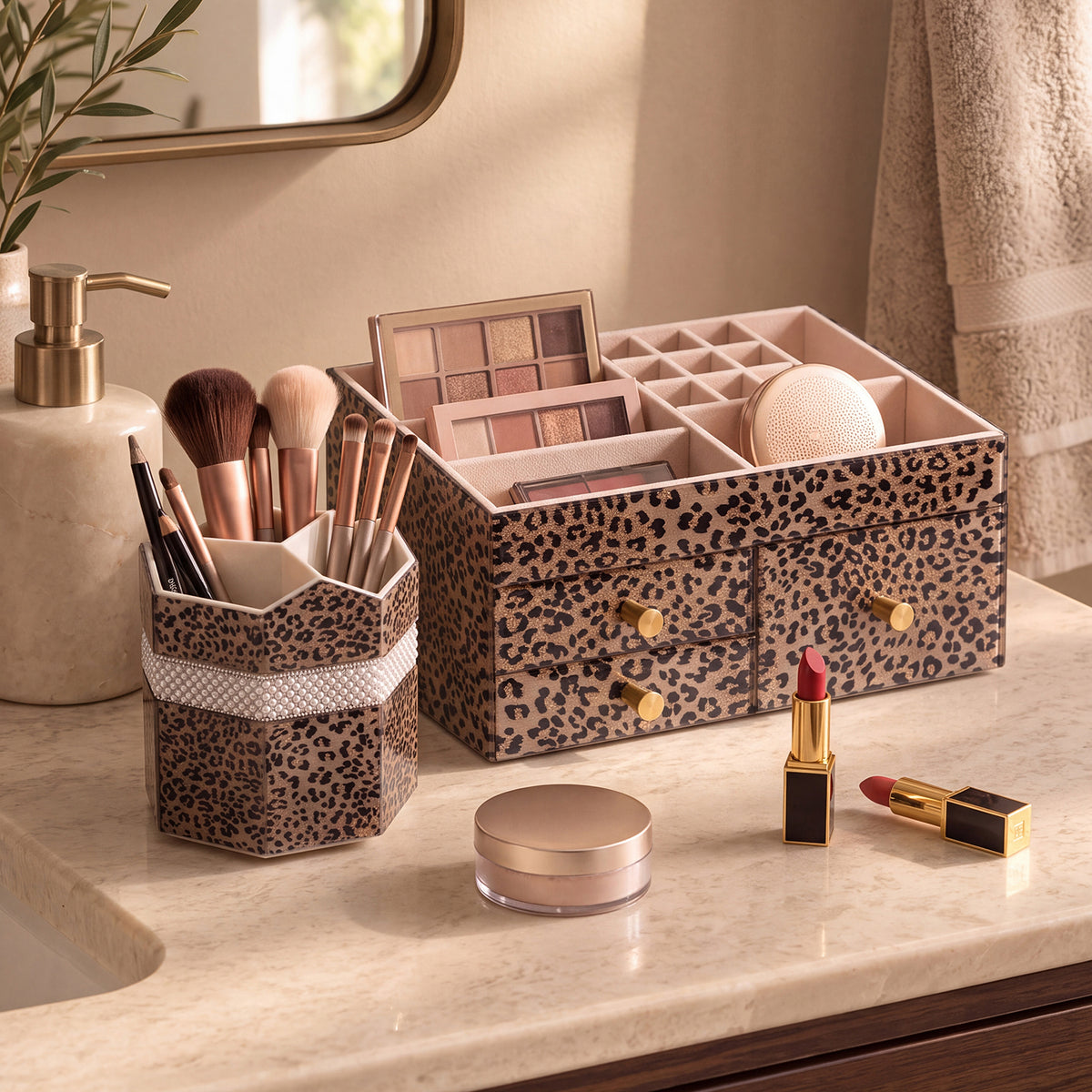 Leopard Print Rotating Makeup Brush Holder | Multi-Compartment Cosmetic Storage