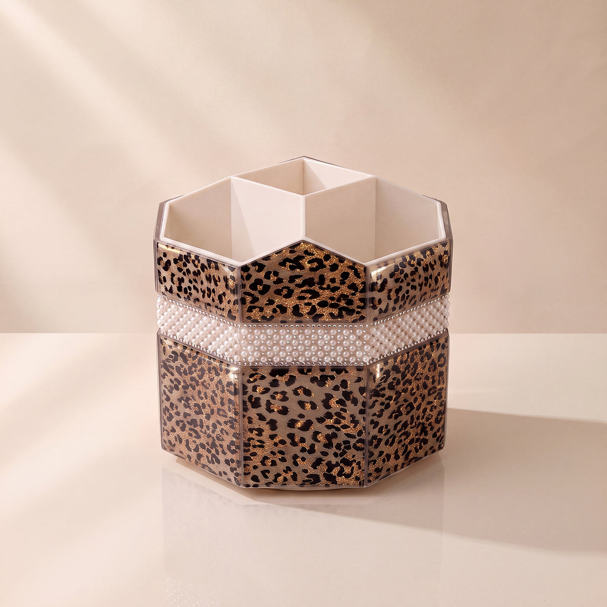 Leopard Print Rotating Makeup Brush Holder | Multi-Compartment Cosmetic Storage
