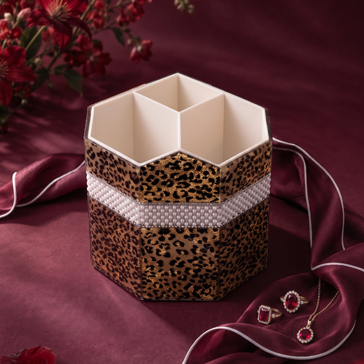 Leopard Print Rotating Makeup Brush Holder | Multi-Compartment Cosmetic Storage
