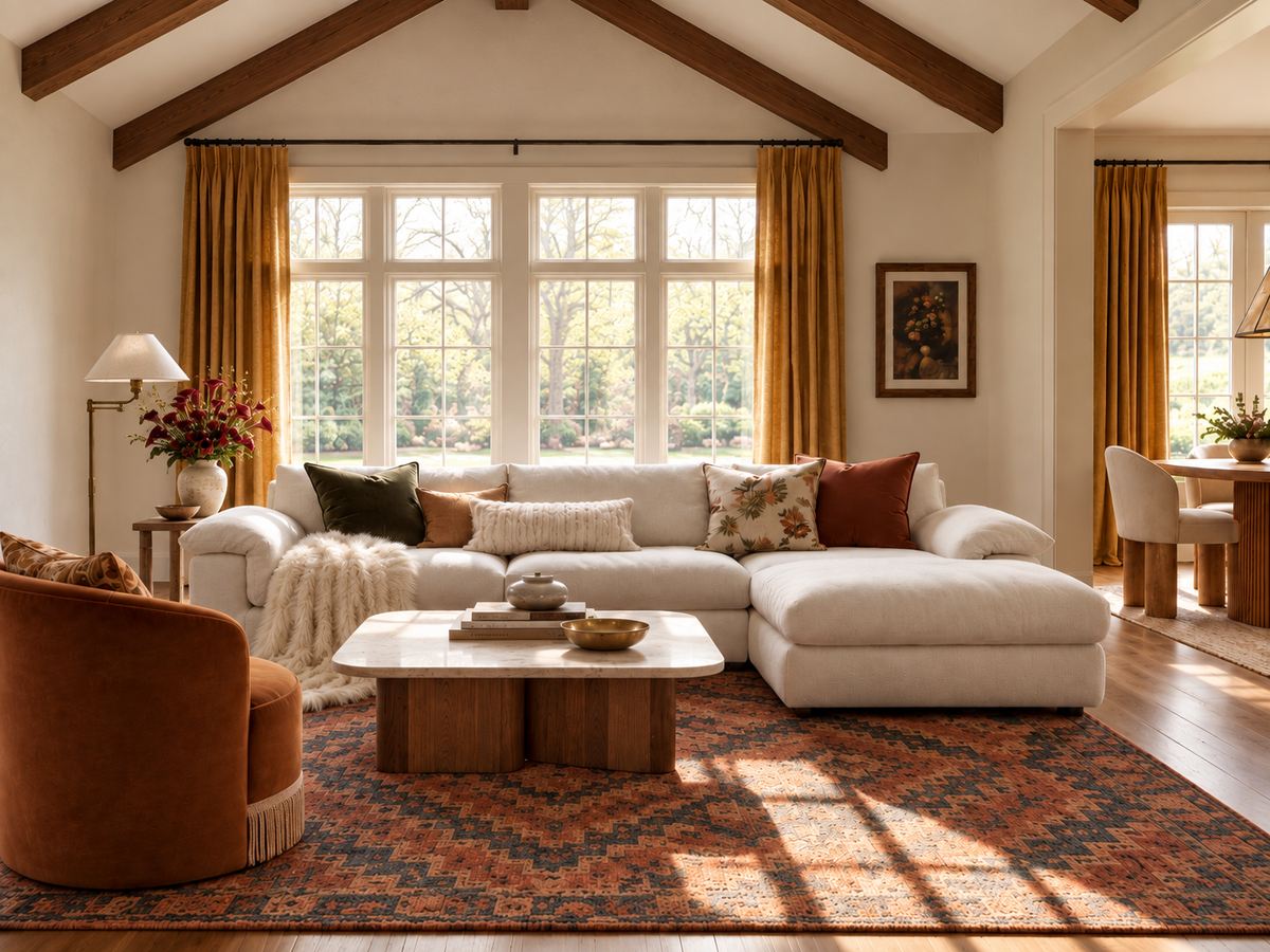 Sunlit cozy living room featuring a cream-white L-shaped sectional sofa with a chaise, decorated with throw pillows.