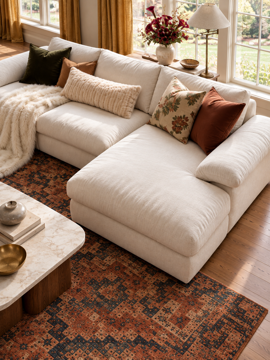 High angle view of a deep-seated white L-shaped sectional sofa with a chaise, showing soft seat cushions.