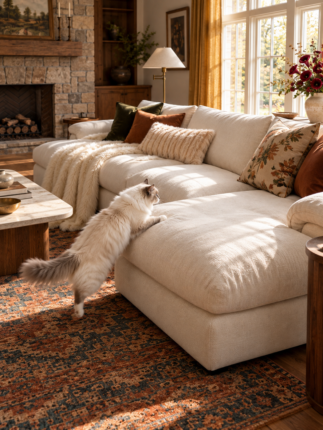A fluffy cat jumping onto a durable white fabric L-shaped sectional sofa with a chaise in a warm family room.