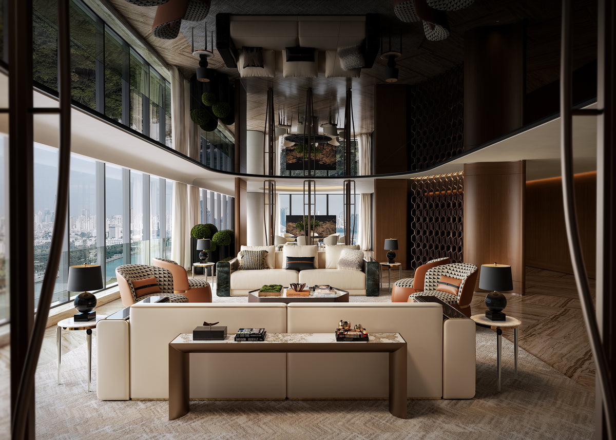 Back design view of the high-end Mirelano Nares Sofa featuring a console table, set in a luxury room with a mirrored ceiling.