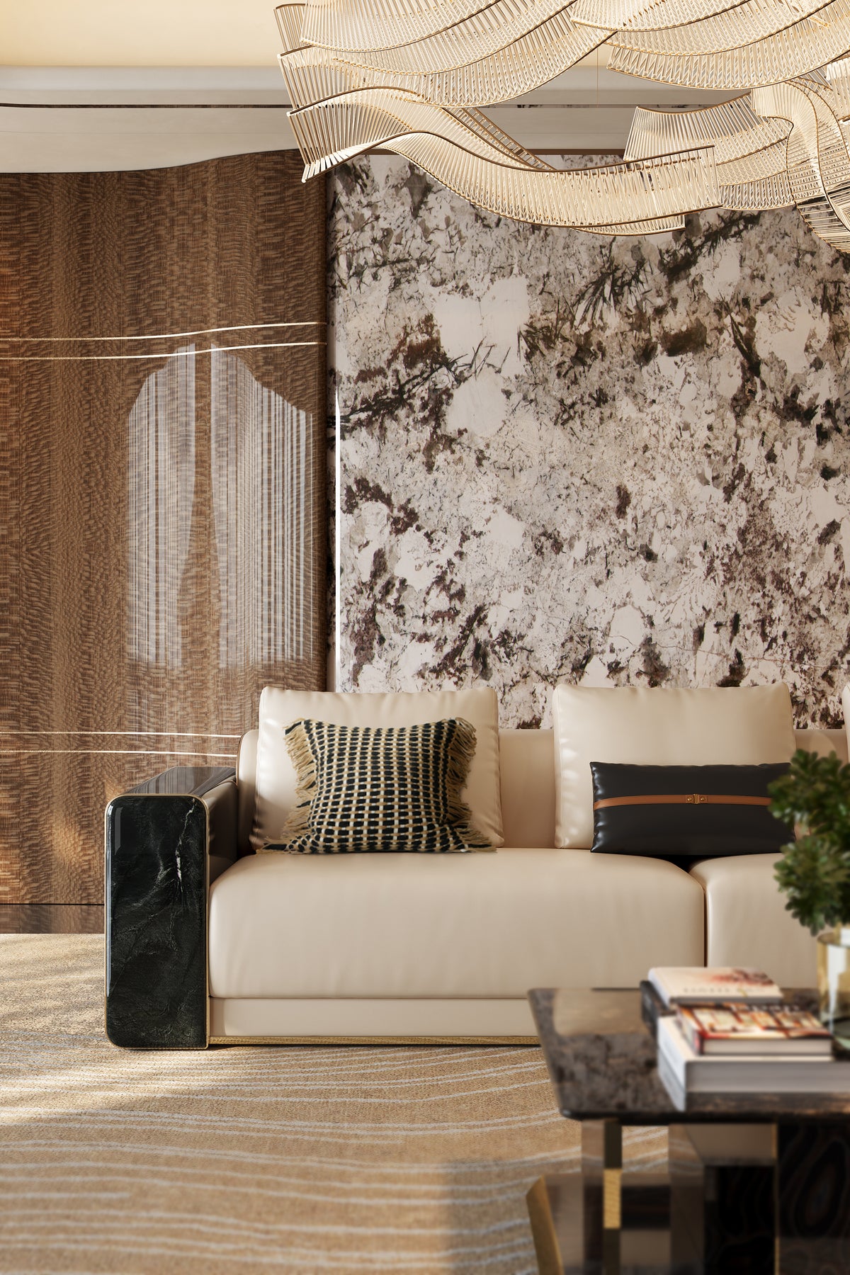 Front close-up detail of the high-end Mirelano Nares Sofa, featuring patterned throw pillows and a dark glossy armrest.