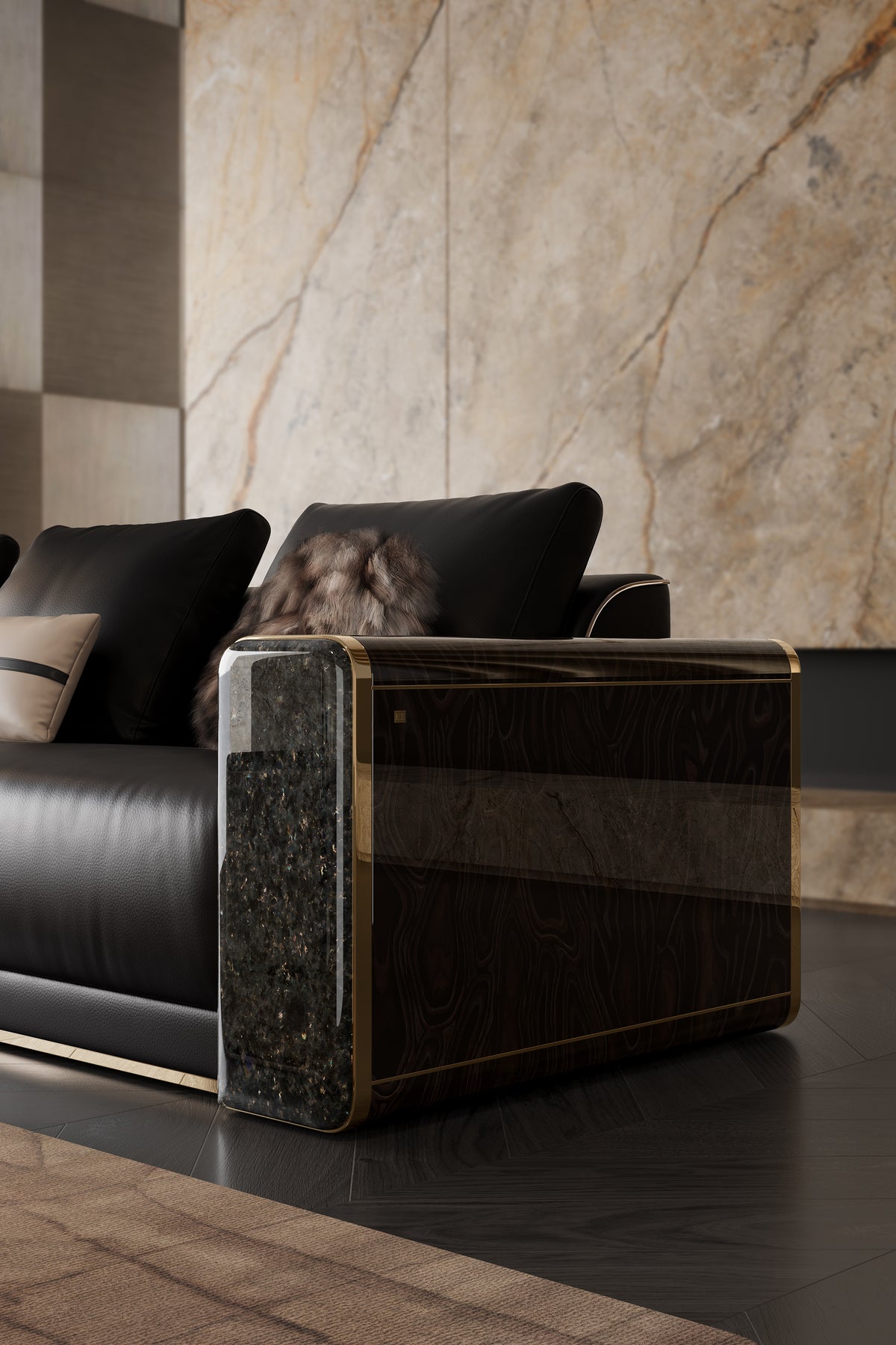Close-up of the high-end Mirelano Nares Sofa armrest, highlighting glossy dark wood veneer, metal trim, and a marble front.