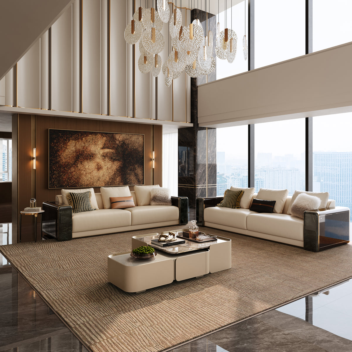 High-end custom Mirelano Nares sofa set in a spacious luxury lounge with a high ceiling, chandelier, and city view.