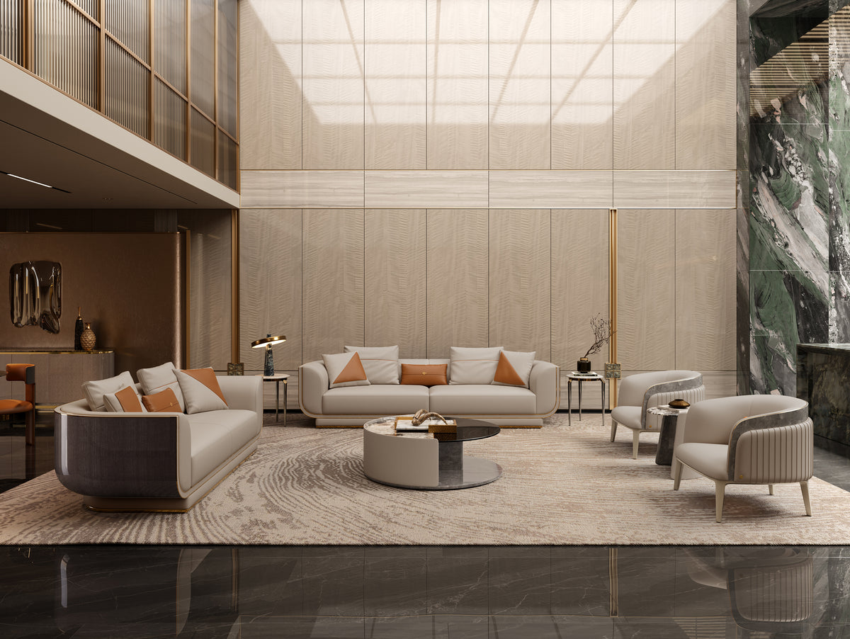 High-end Mirelano Ripley sofa and lounge chairs in a luxury villa with high ceilings.