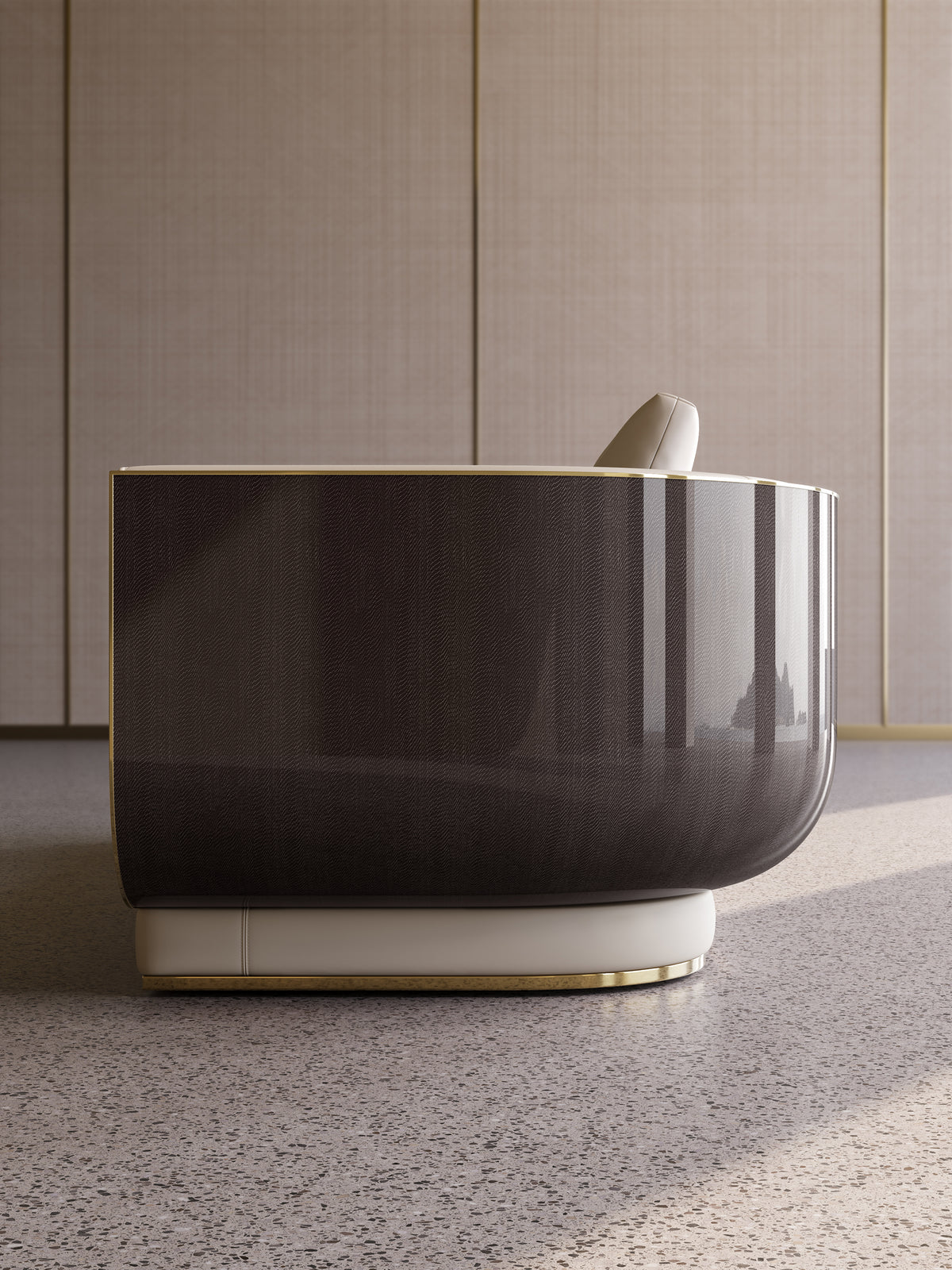 Side profile of the high-end Mirelano Ripley Sofa, featuring its distinctive U-shaped shell design.