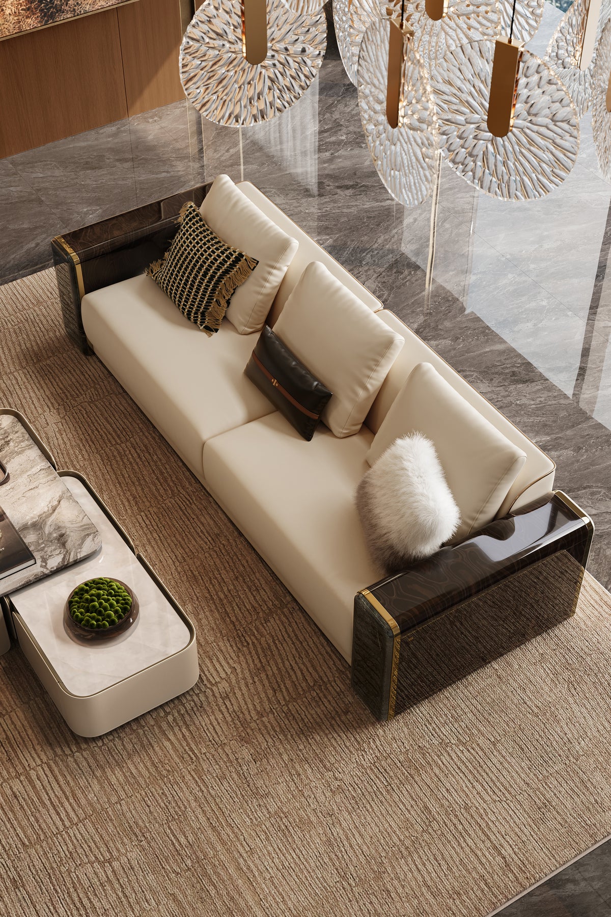 High angle view of the light luxury Mirelano Nares Sofa, highlighting its deep seating, plush cushions, and glossy armrest.