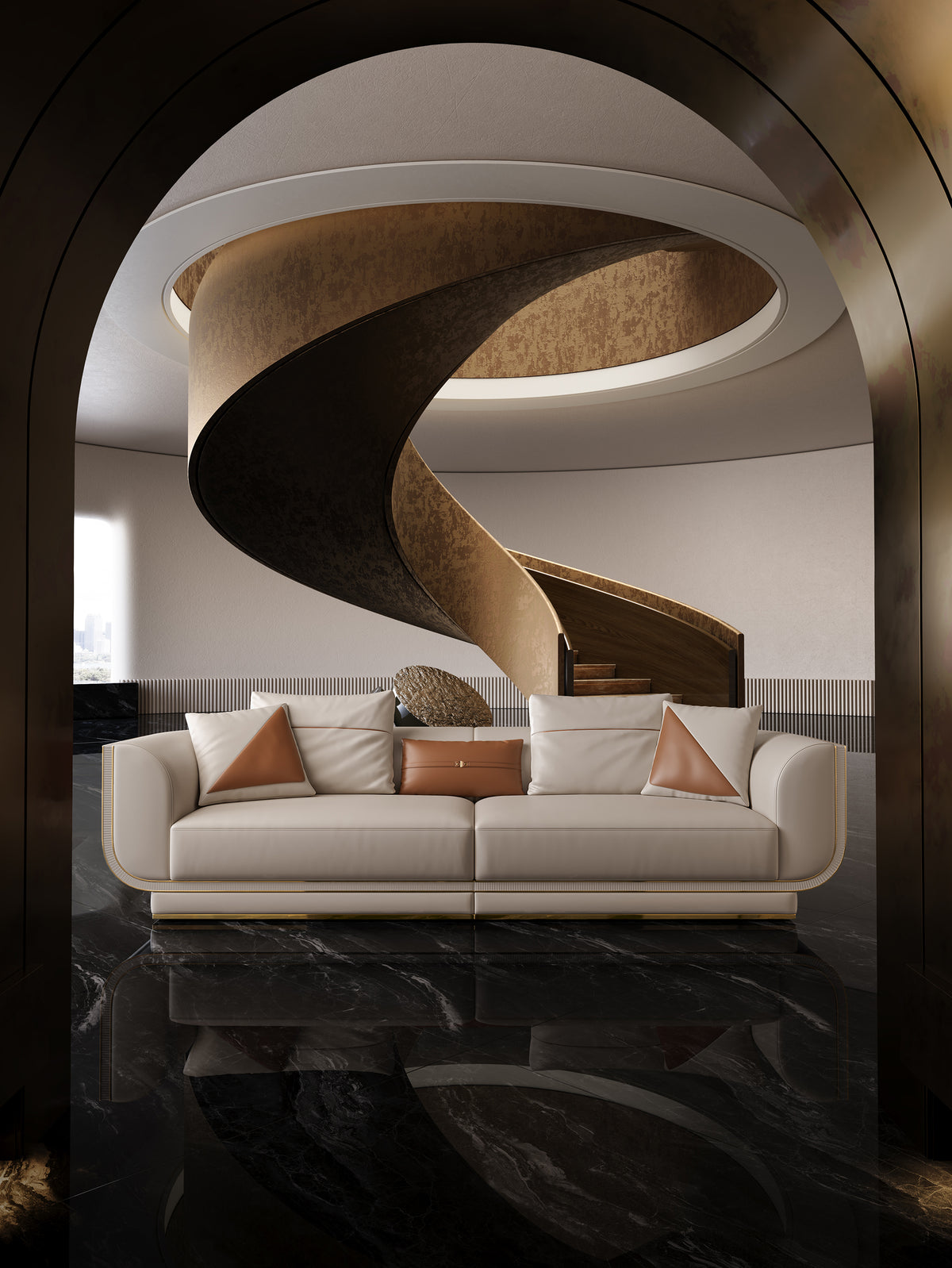 Light luxury Mirelano Ripley Sofa viewed through a black archway, with a modern spiral staircase in the background.