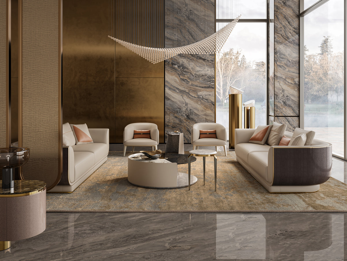 Light luxury Mirelano Ripley sofa set with matching armchairs in an elegant marble interior.