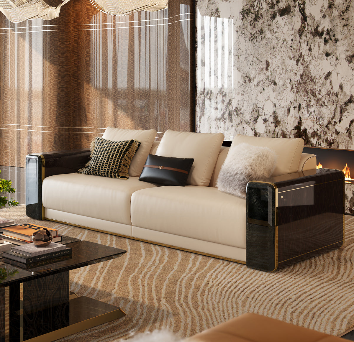 Front angle view of the luxury custom Mirelano Nares Sofa with dark glossy armrests in a modern living room with a fireplace.