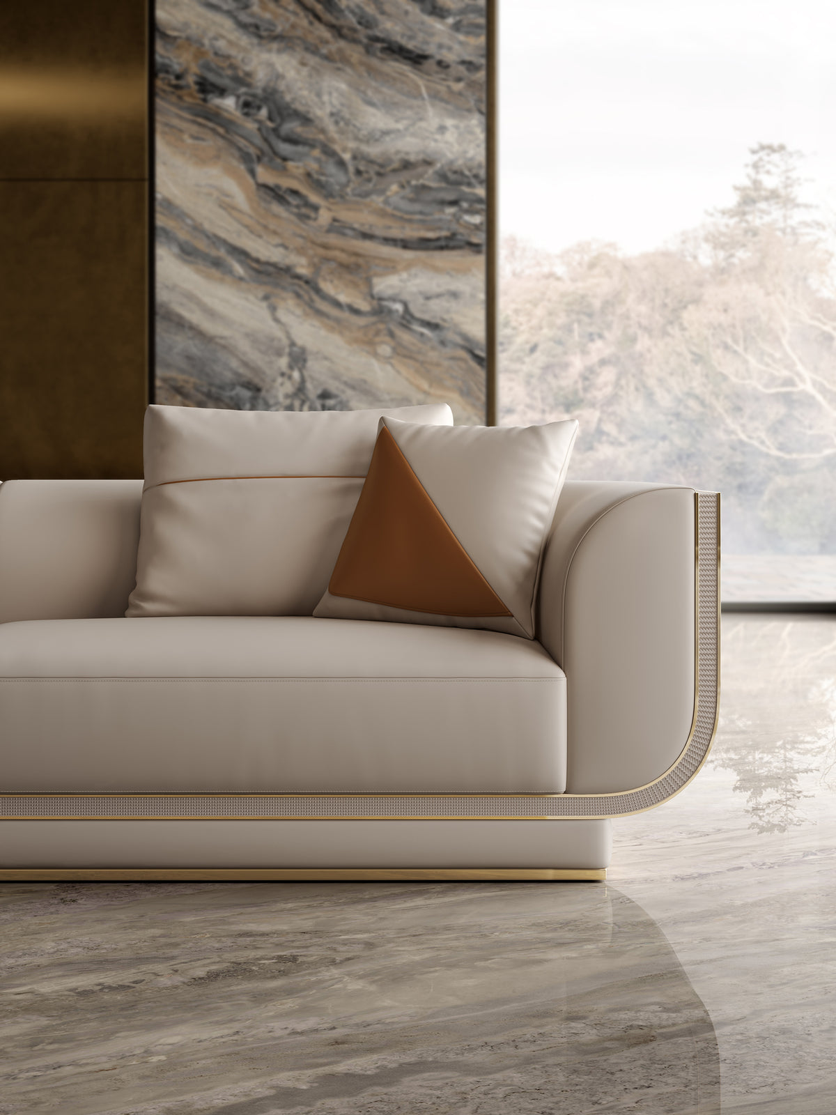 Front corner close-up of the luxury custom Mirelano Ripley Sofa, showing its deep seating and plush cushions.