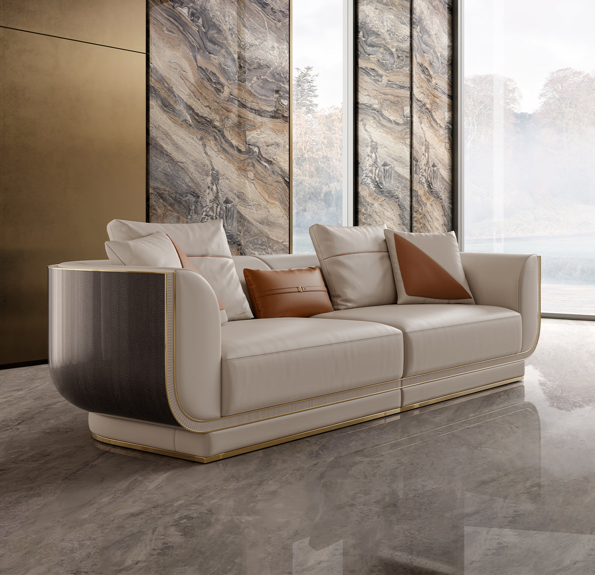 Front view of the luxury custom Mirelano Ripley Sofa in a modern living room with a marble background.