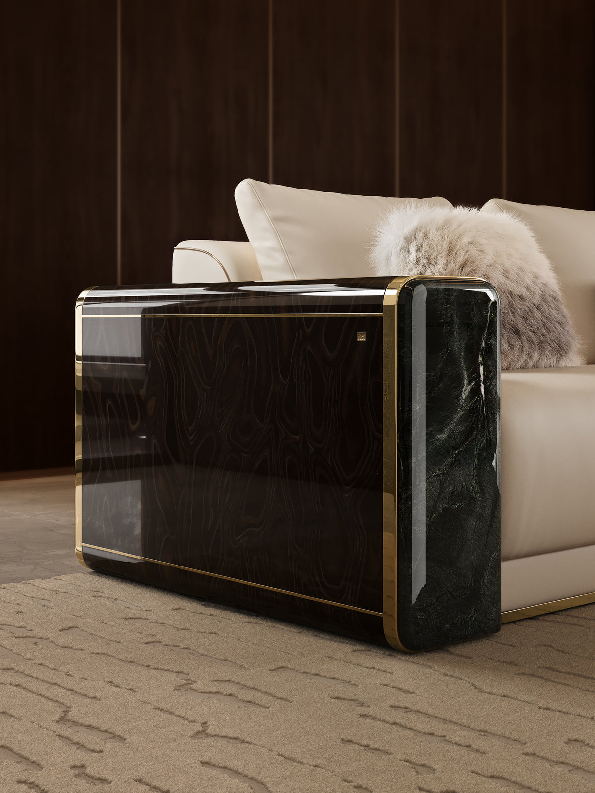 Extreme close-up of the luxury Mirelano Nares Sofa, showcasing the premium glossy veneer and textured pattern of the armrest.