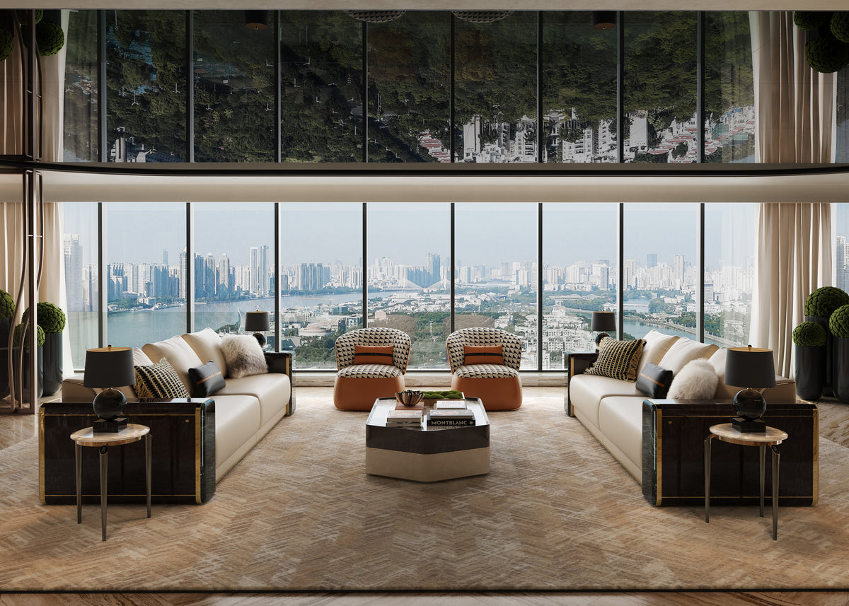 Luxury Mirelano Nares Sofa in a symmetric seating layout facing each other in a premium penthouse with panoramic windows.