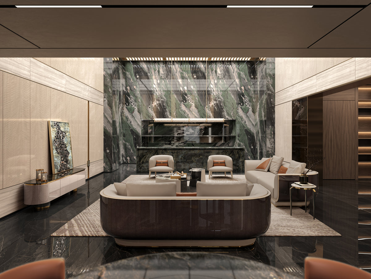 Back design view of the luxury Mirelano Ripley Sofa, featuring a premium glossy veneer finish and metallic base.
