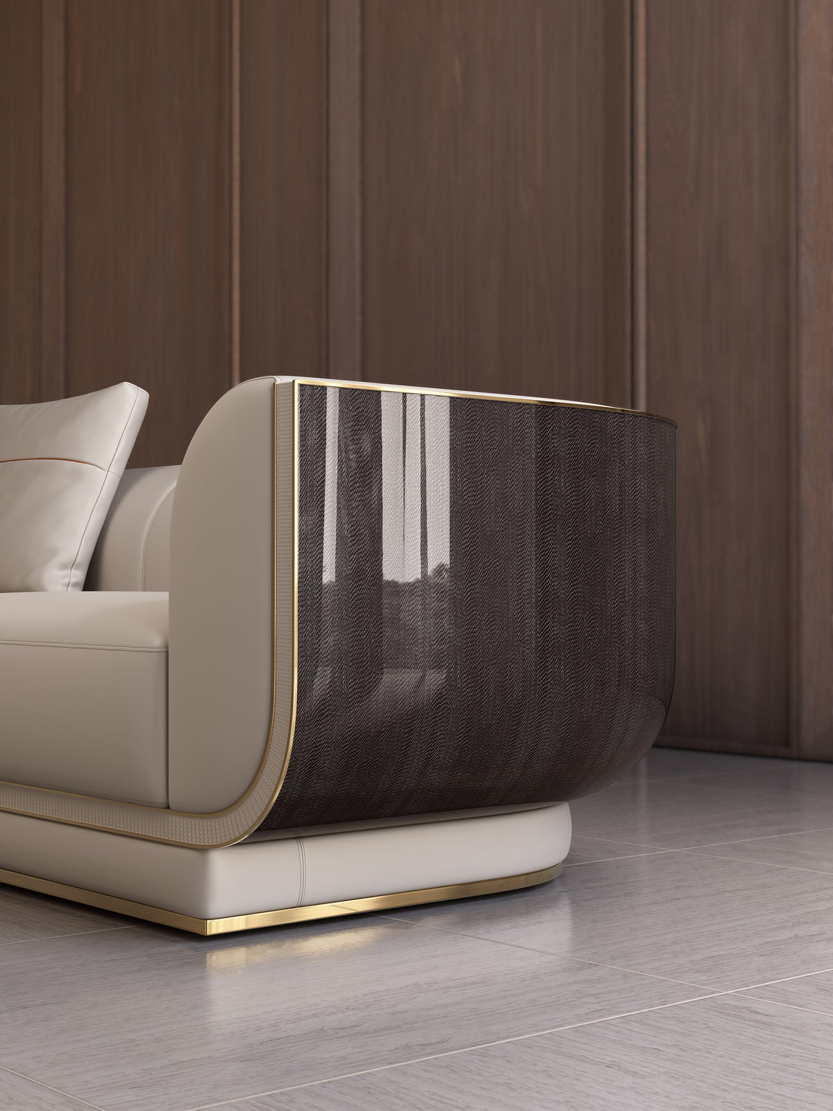 Side and back detail of the luxury Mirelano Ripley Sofa, displaying the elegant curved veneer back and leather craftsmanship.